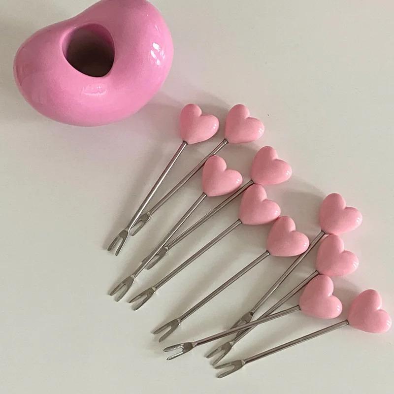 10PC Love Fruit Fork, Stainless Steel Creative Home Western Food Fork, Cake Fork, Cabbage Fork Set Children's Fork Tableware Set