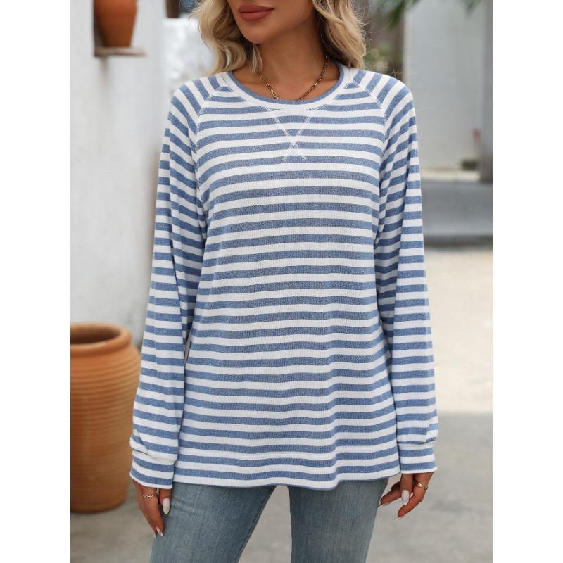 Høst og Vinter Dame Stripet Fargekollisjon Rund Hals Langermet Løs Topp
