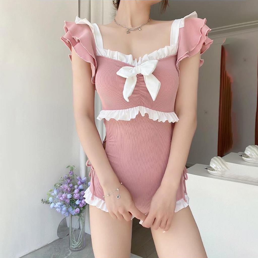 Women's Fashion Color Cute Conservative Cover Belly Slim One-Piece Swimsuit Vacation Hot Spring Swimsuit (With Chest Pad, No Steel Support)