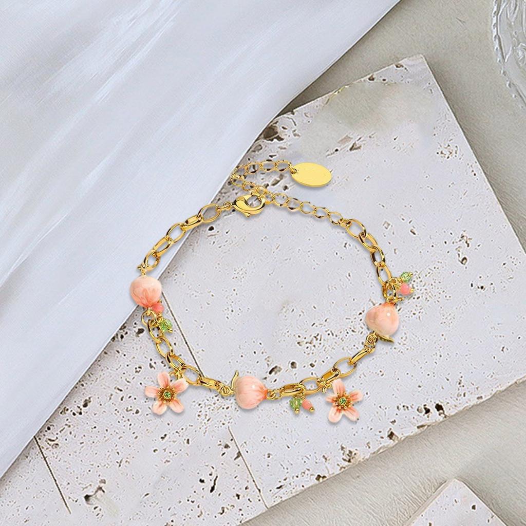 Unique Peach Bracelet Handmade Peach Beads Bracelet Alloy Texture Adjustable Bracelet for Present and Everyday Wear