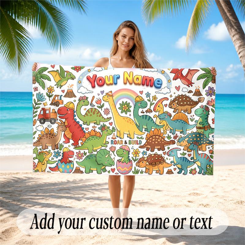 Dinosaur Theme Quick Dry Beach Towel Custom Name Text Print Large Sand Resistant Towel Beach Vacation