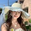 Flower Straw Hat Big Bowknot Wide Brim Hat Lolita Sun Protection Hat  Seaside Vacation