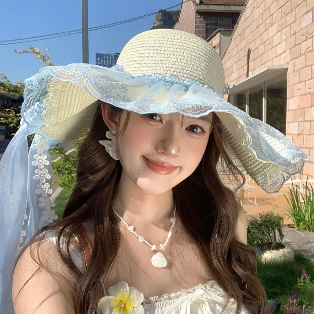 Flower Straw Hat Big Bowknot Wide Brim Hat Lolita Sun Protection Hat  Seaside Vacation