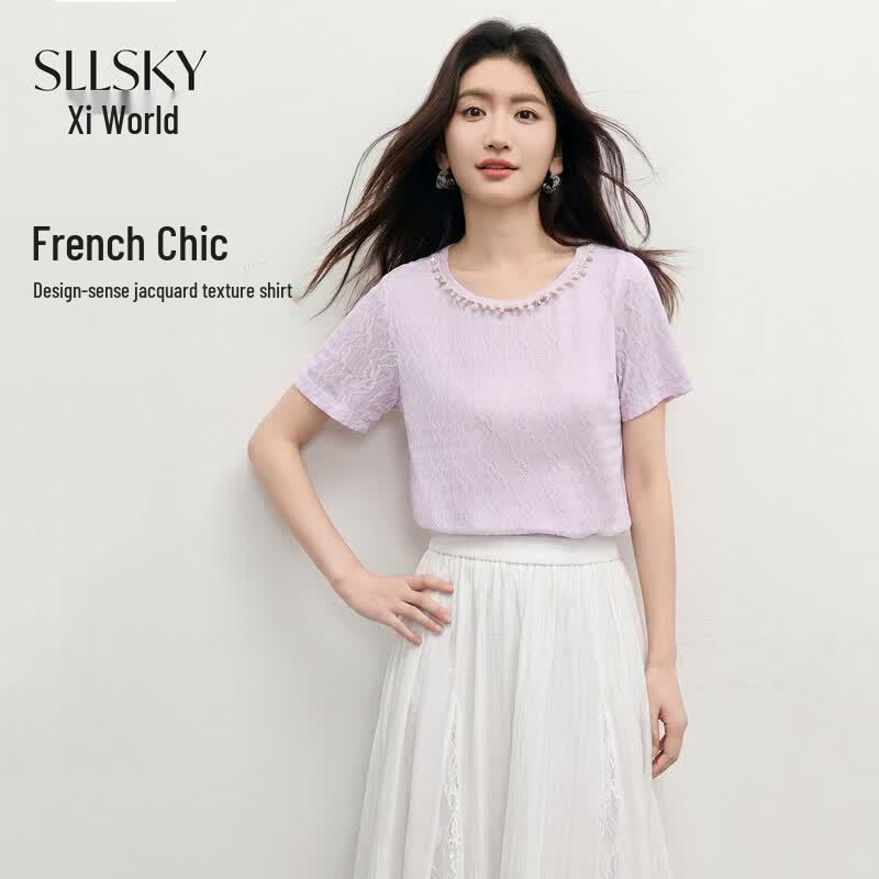 SLLSKY Women s French Style Textured Short-Sleeve T-Shirt M