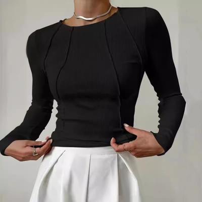 Damen T-Shirt Rundhals Langarm Slim Fit T-Shirt Einfarbig