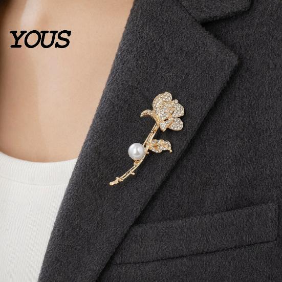 Oxidation Resistant Brooch Faux Pearl Rhinestone Rose Brooch, Retro Flower Lapel Pin Clip, Electroplated Sweater Cardigan Coat Suit Scarf Decor, Women