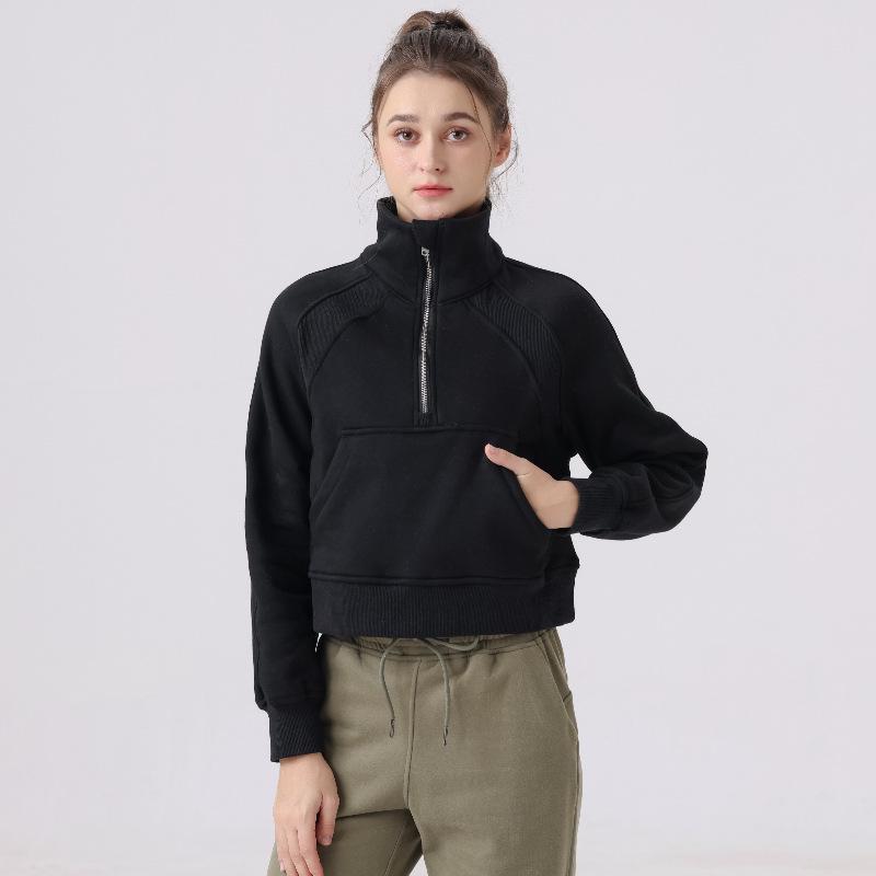 Women s Loose Anti-Wrinkle High Neck Fleece Sweatshirt - Versatile Yoga & Fitness Top Black High Neck Half Zip