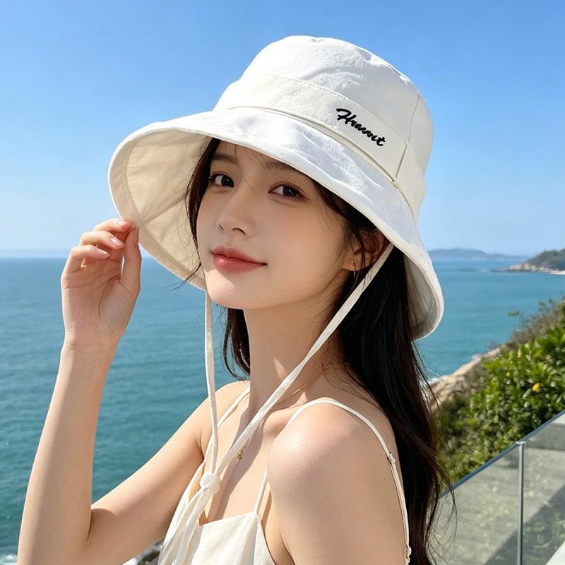 Womens Korean Style Minimalist Wide Brim Bucket Hat With Embroidered Adjustable Chin Strap Sun Protection UV
