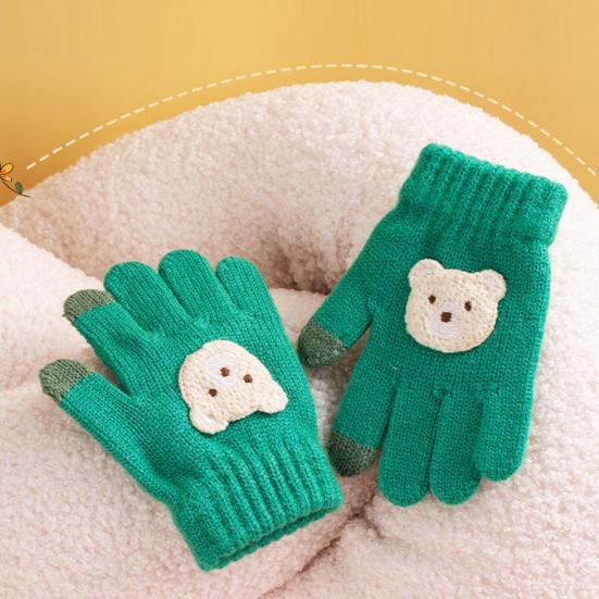 Children Winter Knitted Gloves Kids Full Finger Gloves with Cute Embroidered Bear Stretchy Warm Gloves for Boys And Girls Aged 7-12