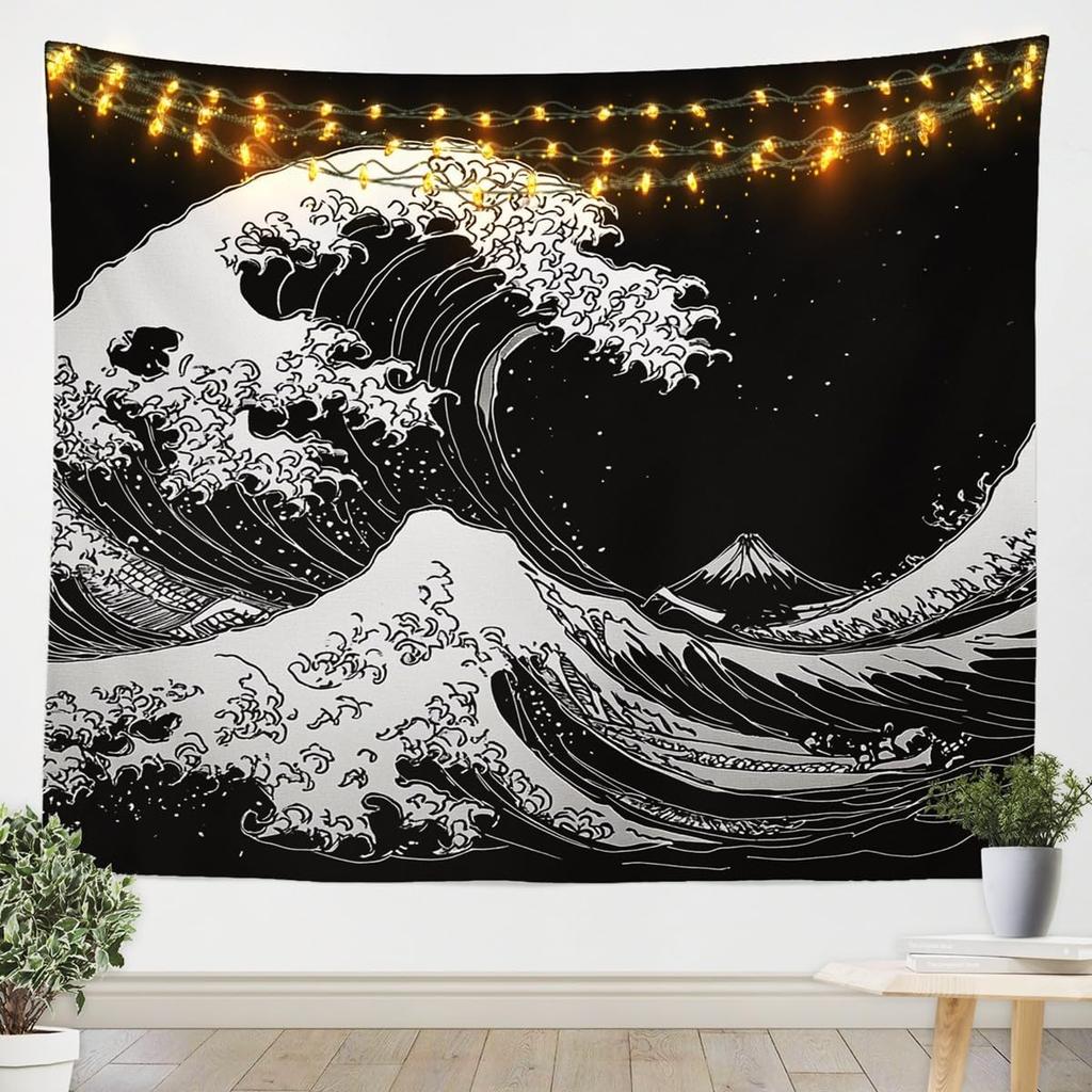 Japanese Wave Tapestry Kids Ocean Wave Sunset Wall Hanging For Boys Girls Teens Japanese Ukiyoe Mount Wall Blanket Sea Waves