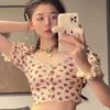 Neues Sommer Süßes und Niedliches Japanisches Quadratkragen Puffärmel Retro Floral Kurzes T-Shirt Bauchfreies Top