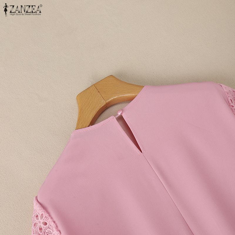 ZANZEA Women Casual Round Neck Short Sleeve Patchwork Lace Crochet Dress