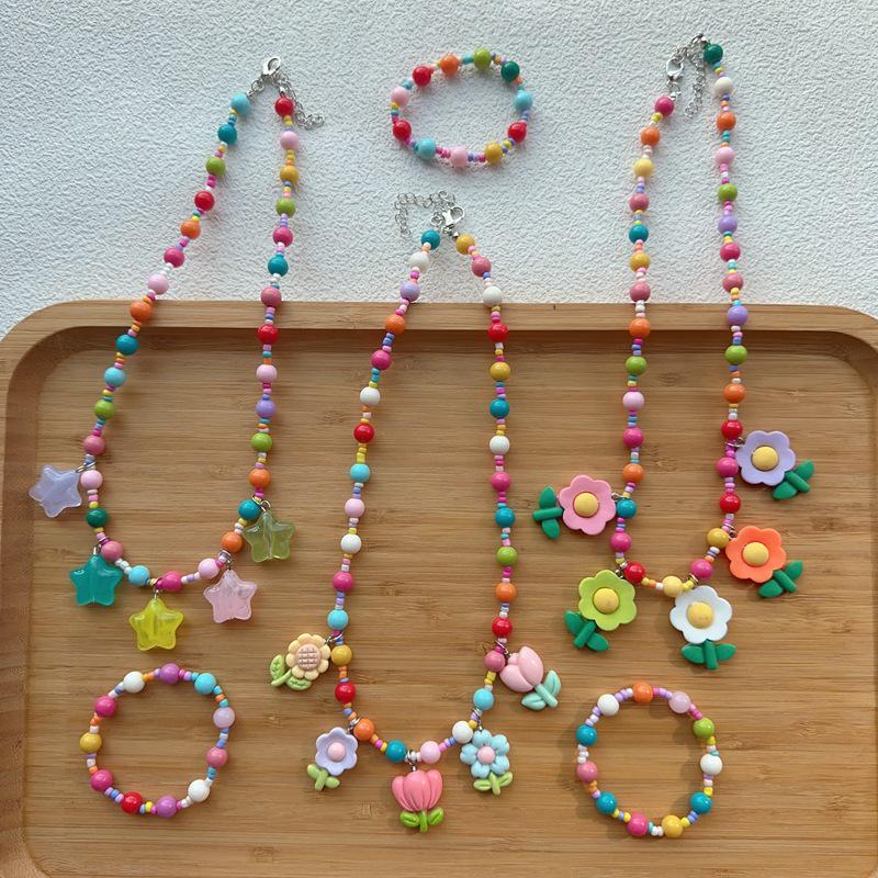 Koreanisches Niedliches Kinder-Blumen-Halsketten- & Armband-Set für Herbst/Winter
