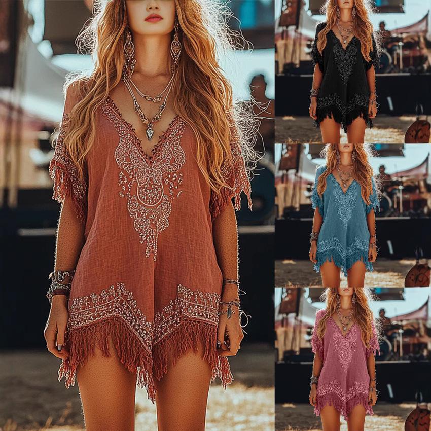 Foreign Trade Cross-border 2024 New European and American 3D Printed Amazon European and American Summer Fringe Loose Dress S
