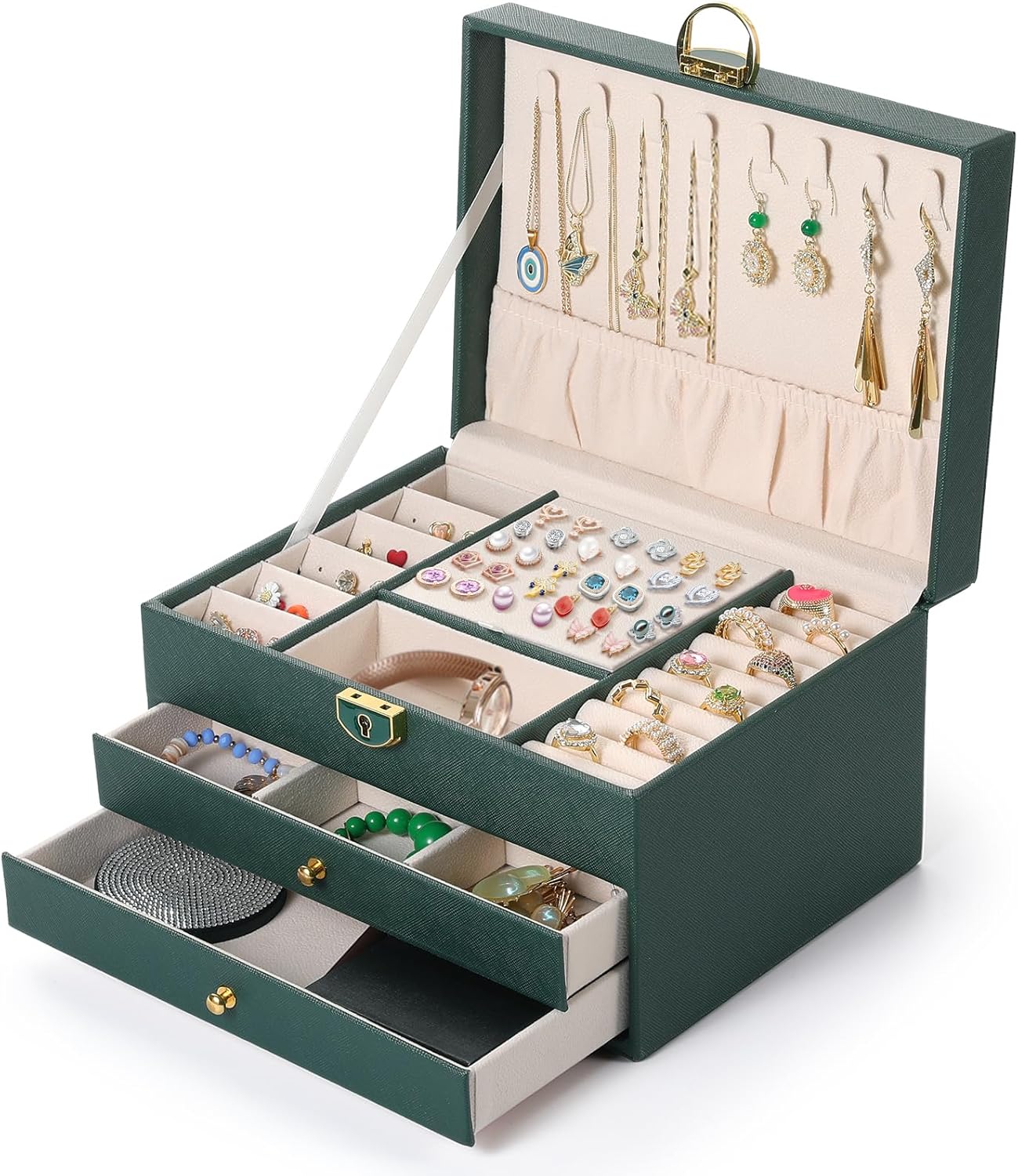 

3-layer jewelry box with drawer lockable jewelry rack storage large velvet earring organizer for women зелёный