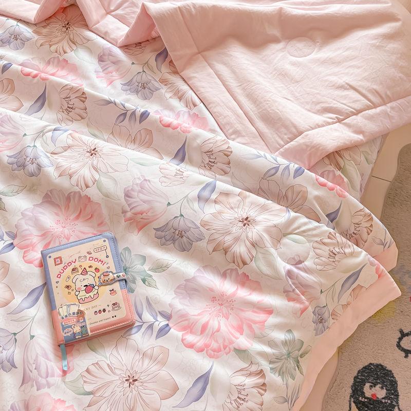 1 stuks Zomer Ditsy Bloemen Koeldeken, Ademend Zacht Lichtbeige-Vriendelijk Koel Dekbed, Dubbelzijdig Bedrukt