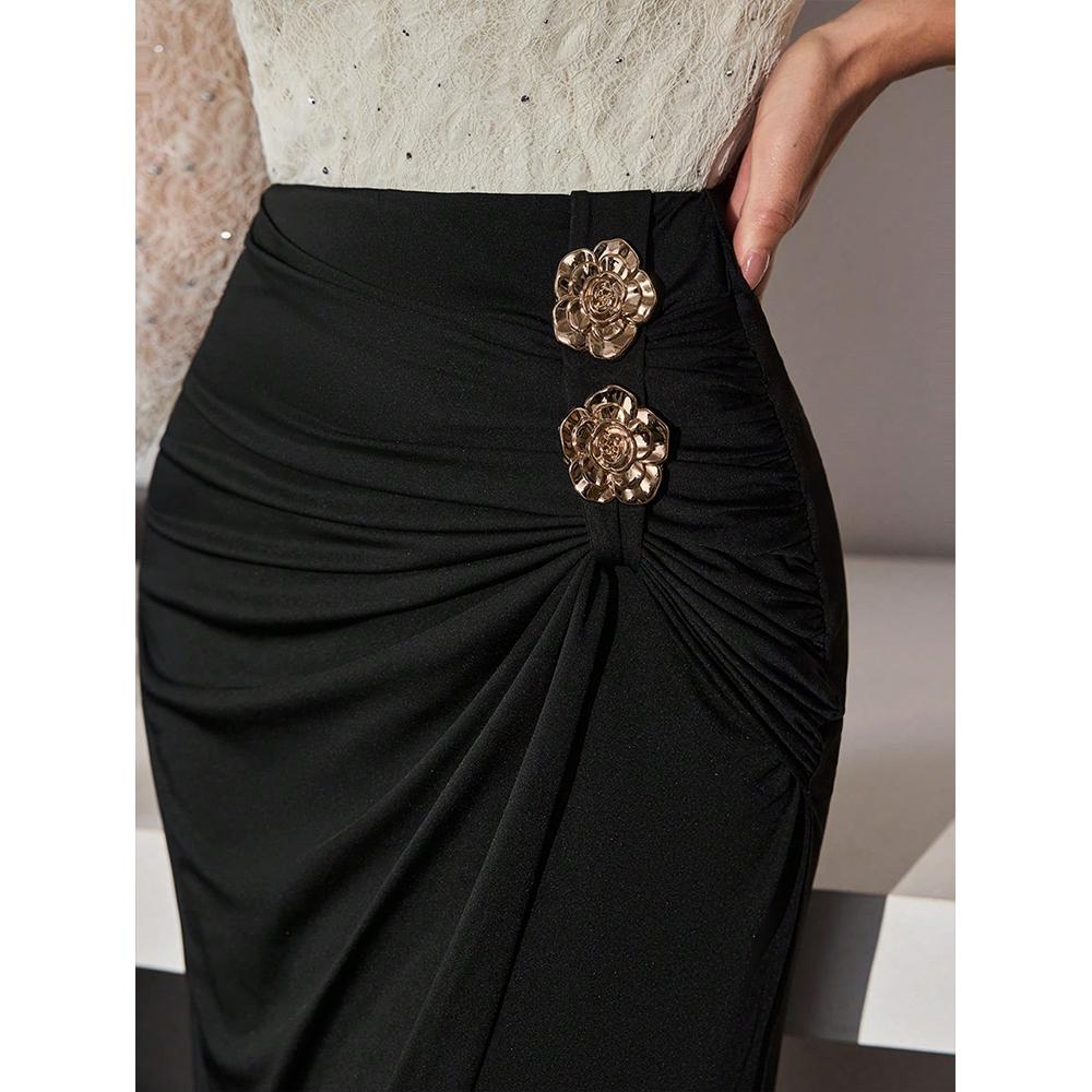 Falda Larga Fluida de Color Sólido con Fruncidos de Moda para Mujer