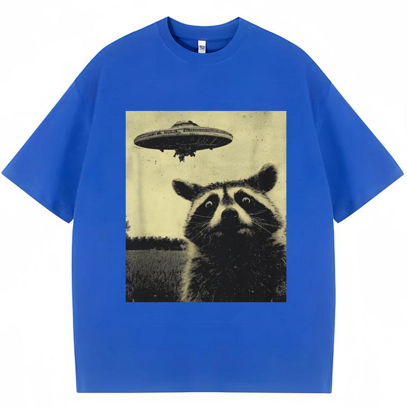 Raccoon Selfie UFO Funny Print T Shirt Men Women Novelty T Shirts 100% Cotton Oversized Casual Summer O-Neck T-shirts