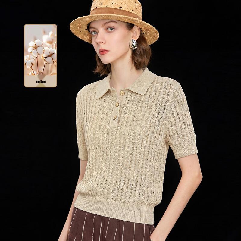 Wudao Elegant Cotton-Blend Hollow Knit Short Sleeve Top L