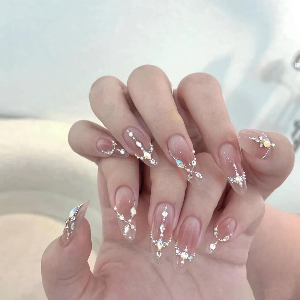 Blush Handmade Press-On Nails with Glitter, Diamonds & Steel Beads - Trendy Ice Transparent Nail Art for a Glam Look.