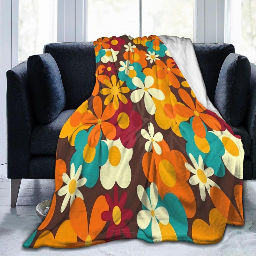 Flower Power Flannel Blanket Quality Soft Warm Retro 70s Classic Throw Blanket Spring Travelling Outdoor Printed Bedspread