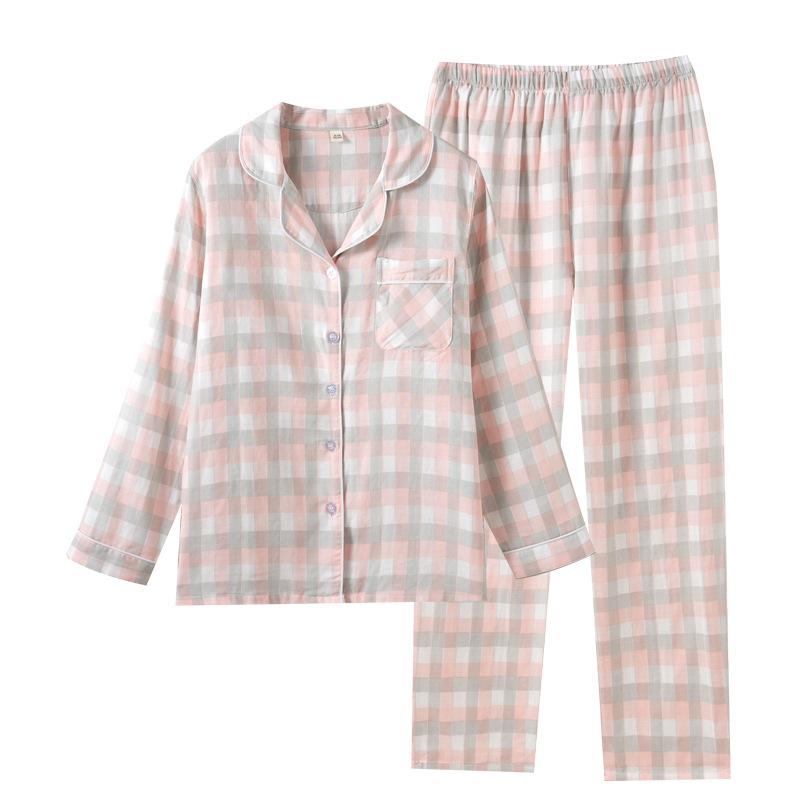 Japanese pure cotton couple pajamas spring, autumn and summer unprinted men's and women's gauze long-sleeved trousers loungewear set