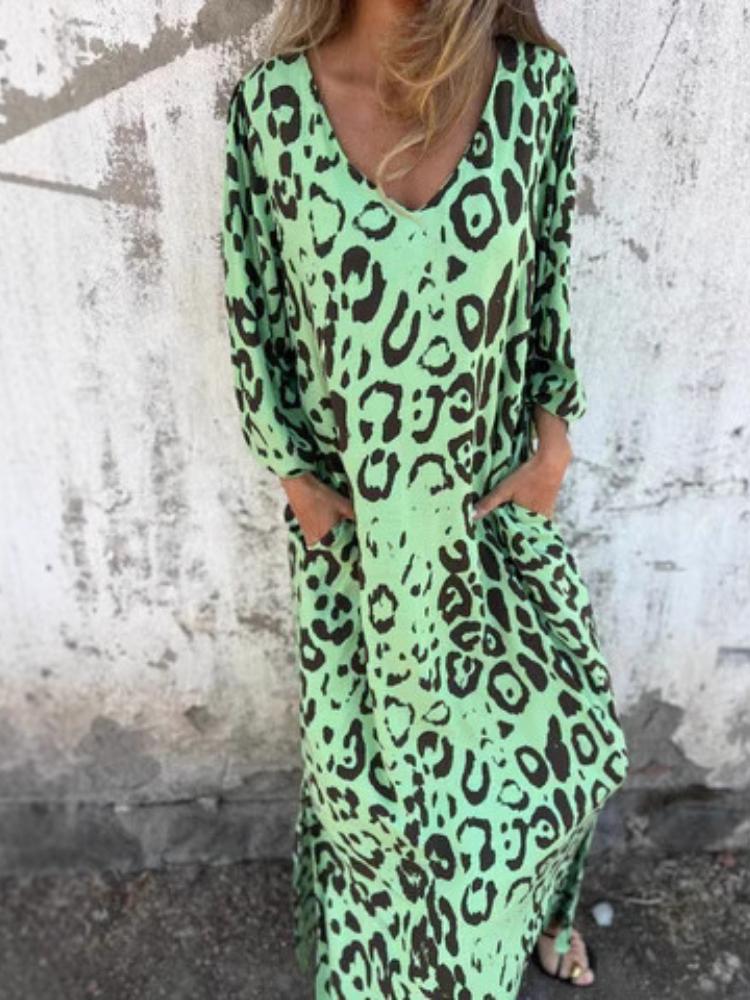 Women's Long Sleeve V-Neck Loose Fit Leopard Print Maxi Dress with Pockets, Multiple Colors & Patterns
