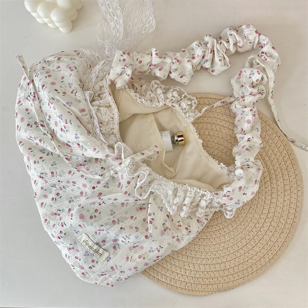 Polyester Lace Floral Shoulder Bag With Ruffled Straps And Bow For Daily Use