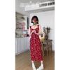 French Red Floral Suspender Dress Children's Summer Design Sense New Seaside Vacation Beach Dress