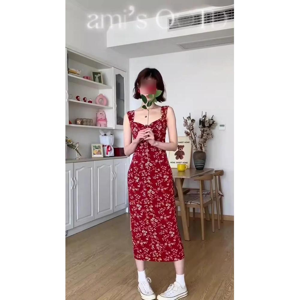 French red floral suspender dress children's summer design sense new seaside vacation beach dress