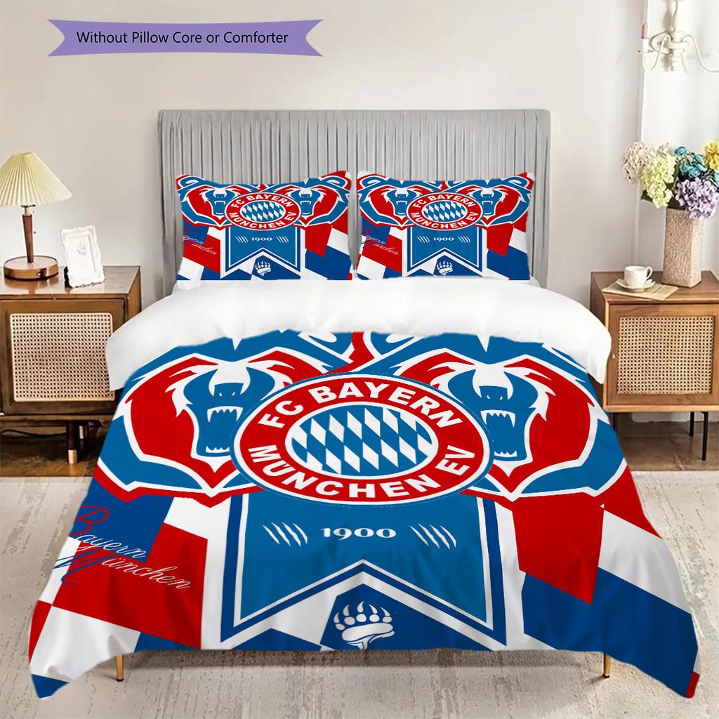 FC Bayern München Muster Bettwäsche Steppdecke Set Bettbezug Kissenbezug Heimdekoration Geburtstagsgeschenk (1 Bettbezug + 2 Kissenbezüge, ohne Füllung)