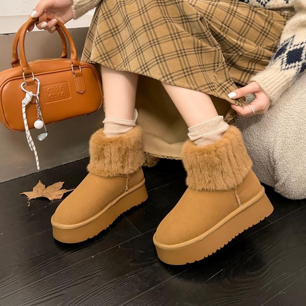 Women's Fur Mouth Thick Sole Large Size Thickened Winter Warm Fur One Snow Boots Padded Lining Ankle Boots Non-slip Hiking Sports Cotton Boots