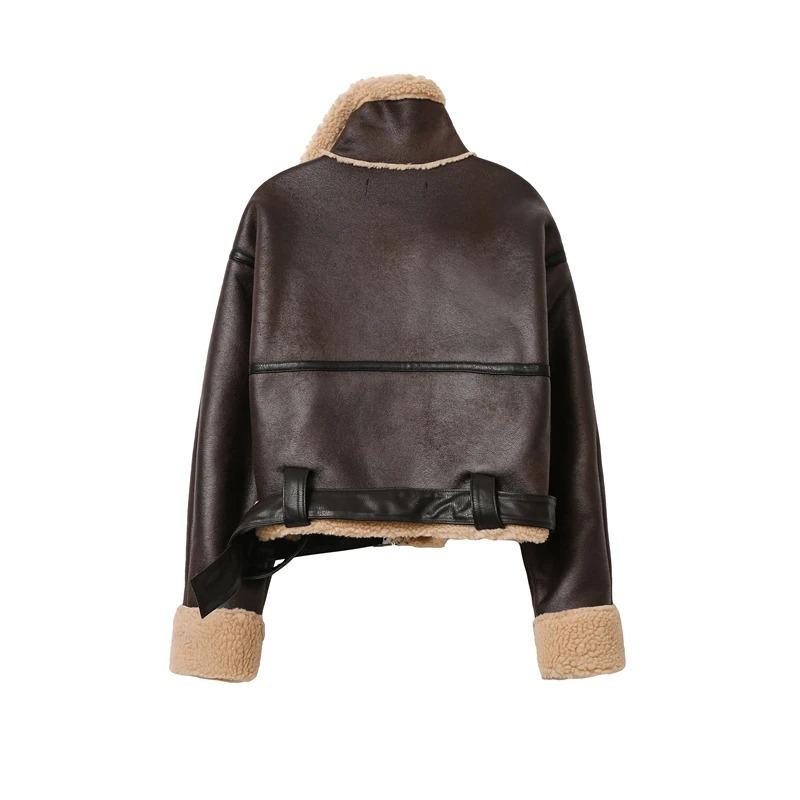 Women's Winter Warm Coat 2024 New Faux Leather Lamb Fleece Thickened Jacket Casual Motorcycle Bike Coat Belt Coat