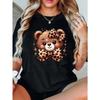 Womens Plus Size Cute Cartoon Bear Print T Shirt Leopard Bow Tie Star Details Soft Stretch Round Neck Short Sleeve Nontransparent Machine