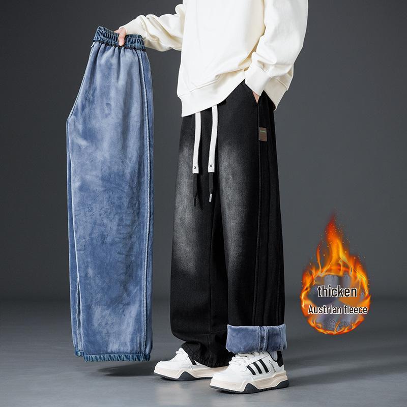 Fleece-Lined Thickened Plus Size Men's Loose Wide-Leg Jeans - Trendy Brand Straight Leg Long Pants for Men and Women