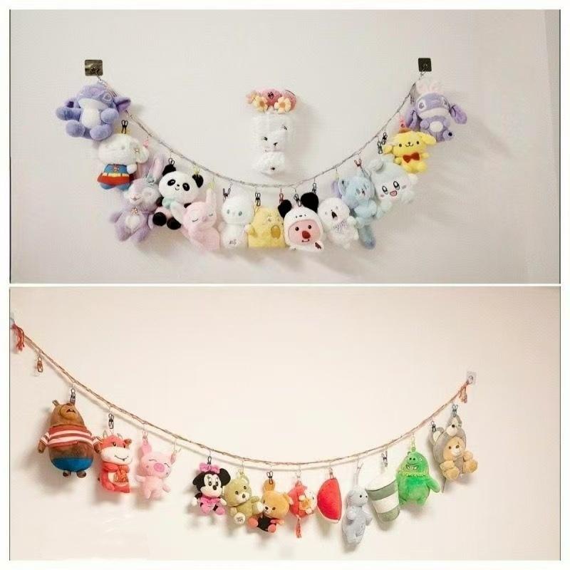 Braided Twine Wall Mounted Toy Storage Bag with Mesh Pocket Kids Bedroom Decor DIY Home Organization Plush Toy Bag Wall Decor