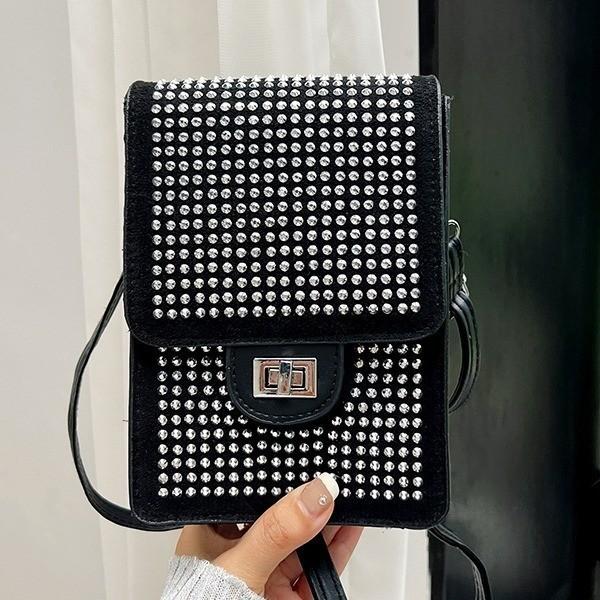 Fashionable 2024 Rhinestone Embellished Velvet Phone Bag Vertical Small Handbag For Women