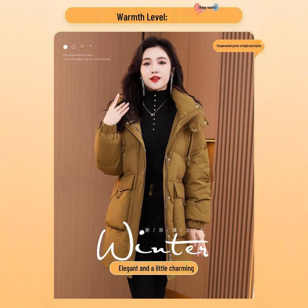 Women's 2025 Winter Plus Size Stylish Loose Mid-Length Down Jacket with Thick White Duck Down Filling.