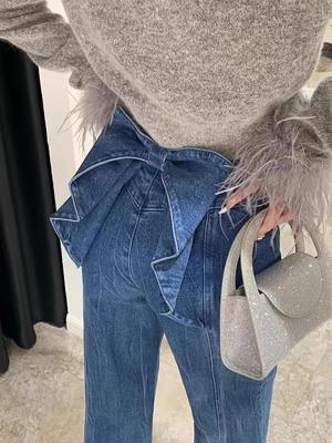 Korejské elegantní jarní retro osobnostní trojrozměrný design s mašlí v pase s vysokým pasem, všestranné džínové kalhoty pro ženy