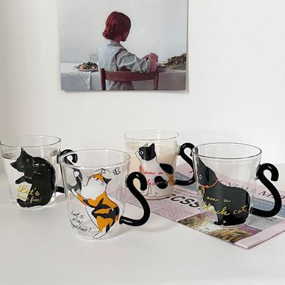 Creative Cat Glass Coffee Mug Cute Milk Tea Juice Water Glass Cup With Handle Home Kitchen Office Drinkware Tumbler Gift 250ML