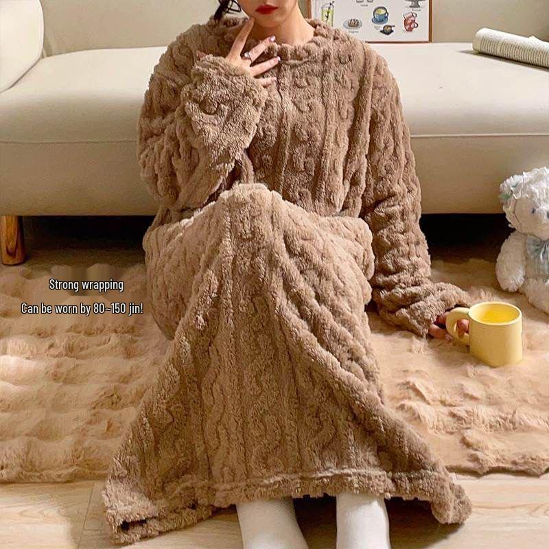 Women's Winter Coral Fleece Jacquard Long Robe Pajamas with Pockets