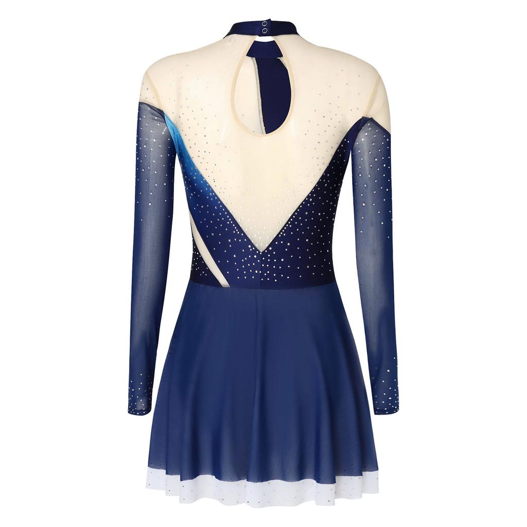 Damen Eiskunstlaufkleid Glänzende Strasssteine Farbverlauf Stehkragen Mesh Lange Ärmel Tanzbekleidung