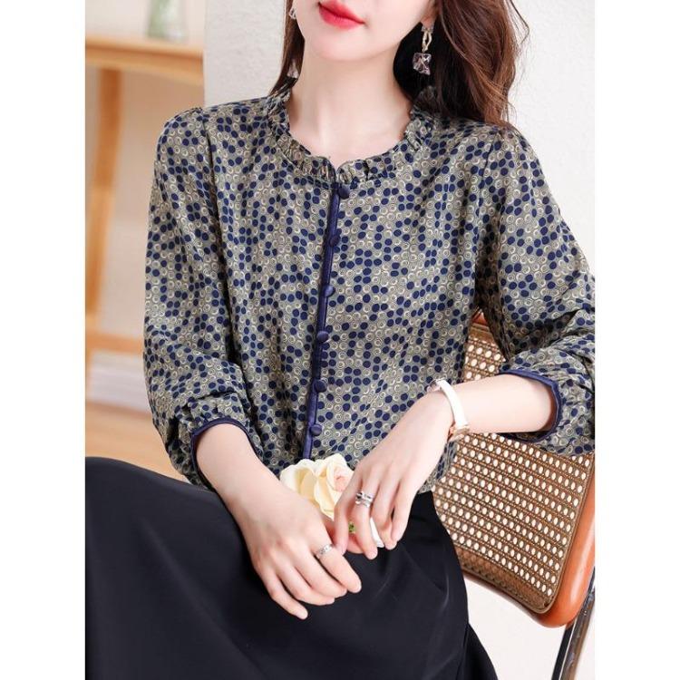 Polka Dot Chiffon Long Sleeve Shirt for Women Fashionable Age Reducing Early Autumn New Top Middle Aged Mother