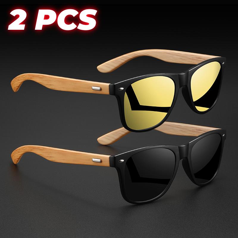 2PCS Retro Square Sunglasses Bamboo-Like Temple Silver Rivet Accents UV400 Unisex Gift for Outdoor & Daily Vintage Elegance