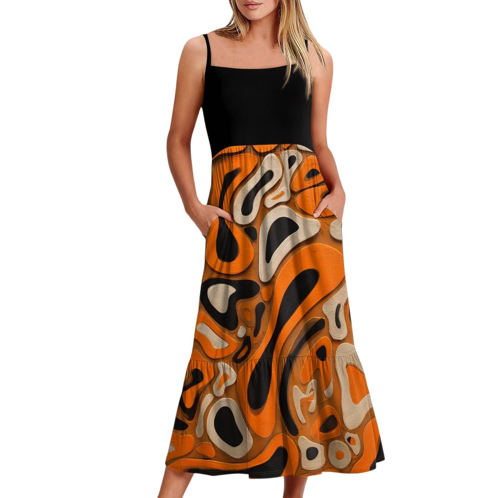 

Жіноча довга пляжна повсякденна елегантна максі-сукня на тонких бретелях у смужку, стримана, повітряна, богемна сукня M шафрановий