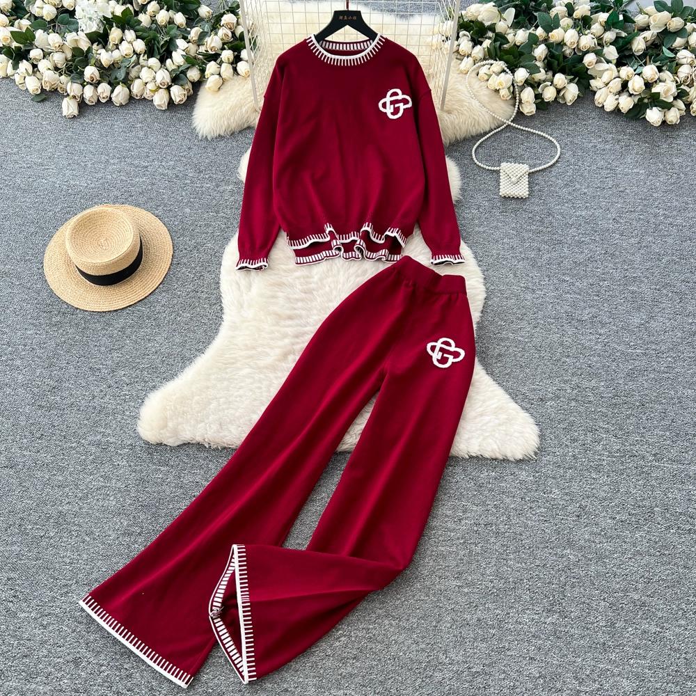 Höst Vinter Dam Casual Stickad Tröja Byxa Tvådelat Set Helärmad Pullover Toppar och Vida Ben Byxor Träningsoverall