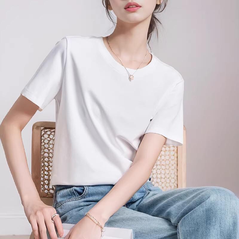 Women's High-End White Mercerized Cotton T-Shirt - Summer 2026 Pure Cotton Short Sleeve, Round Neck, Loose Fit, Slimming Top