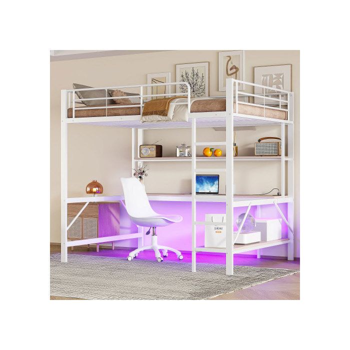 Lit Mezzanine - MUVOE - 140x200 Cm - Blanc - Prises USB Et Électrique - Éclairage 7 Couleurs