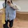 Autumn and winter women's short cotton vest stand-up collar loose literary small fresh blue plaid retro cotton vest jacket