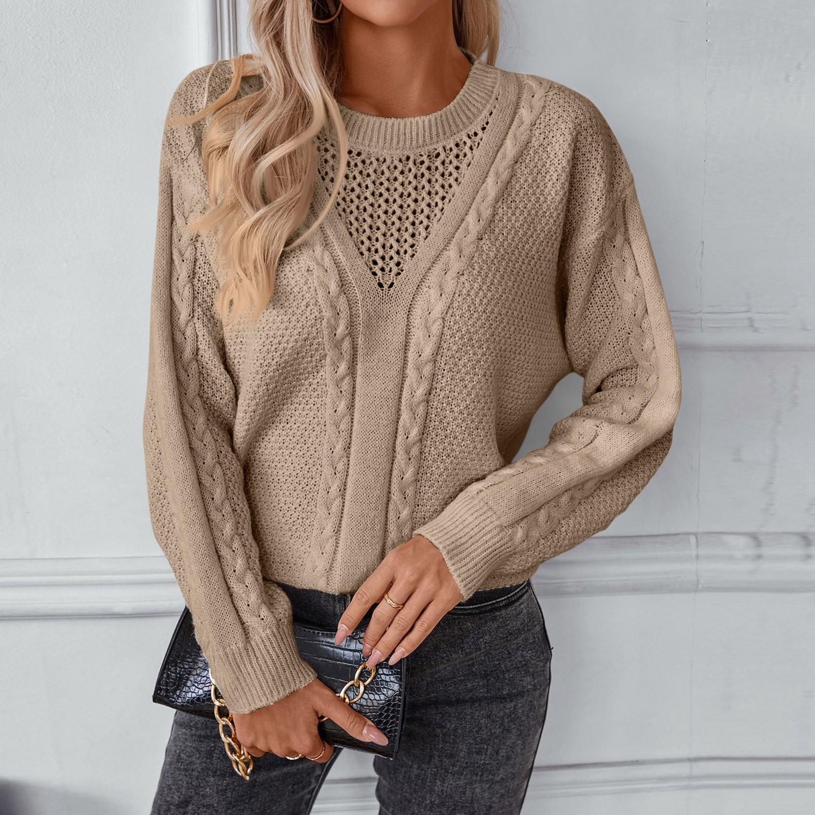 

Женский повседневный однотонный полый вязаный свитер с длинными рукавами в стиле ретро L хаки